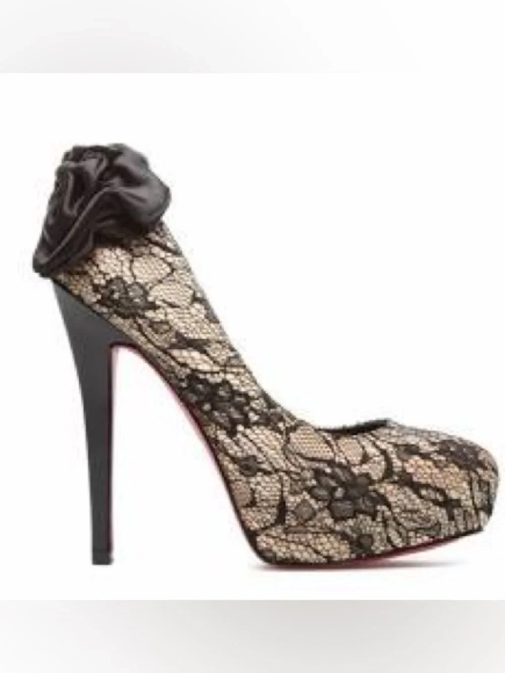 Shoe Dazzle Blanka Black Lace-Pump with Satin Rosette + signature pink bottom